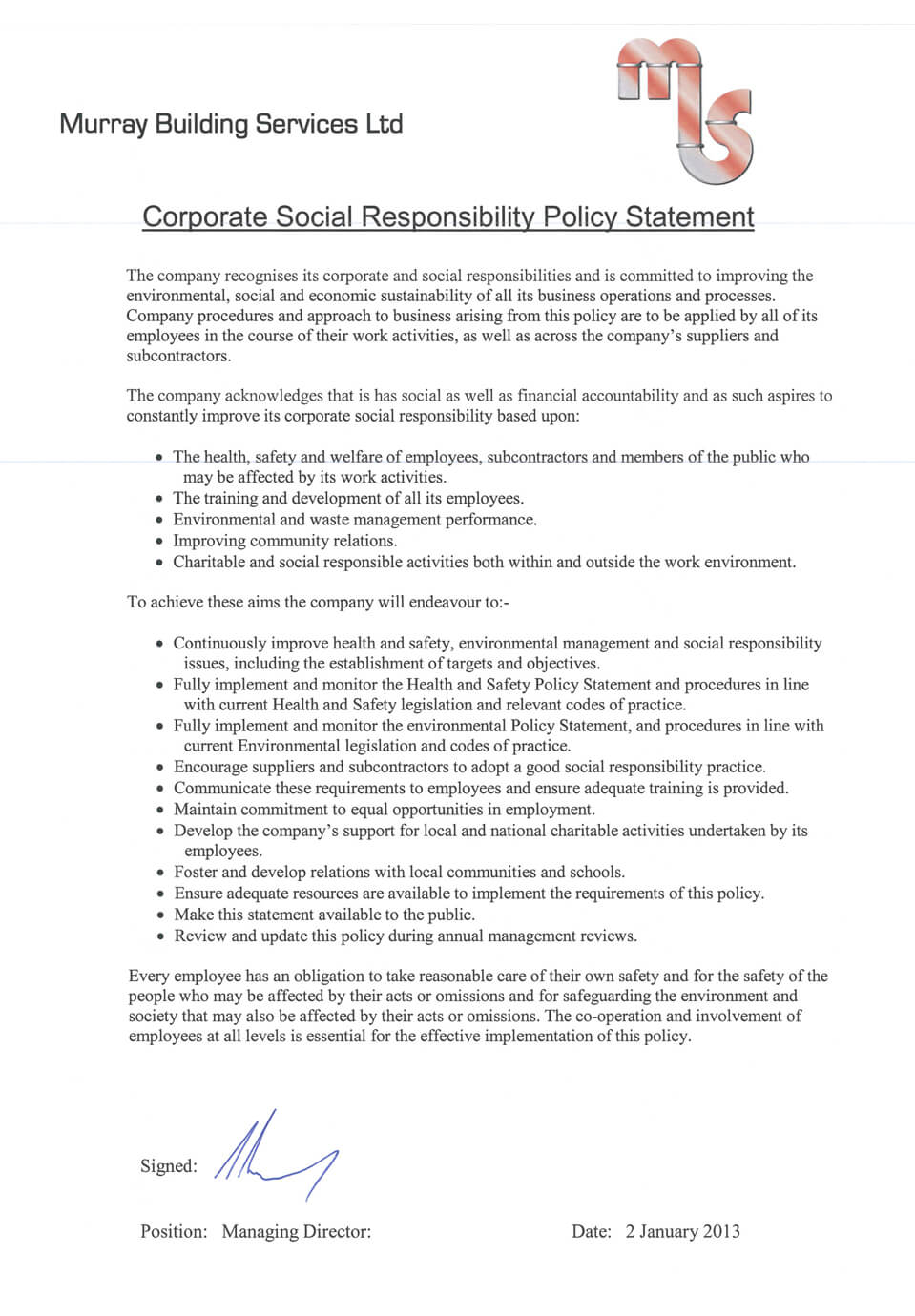 Corporate Social Responsibility Policy Statement