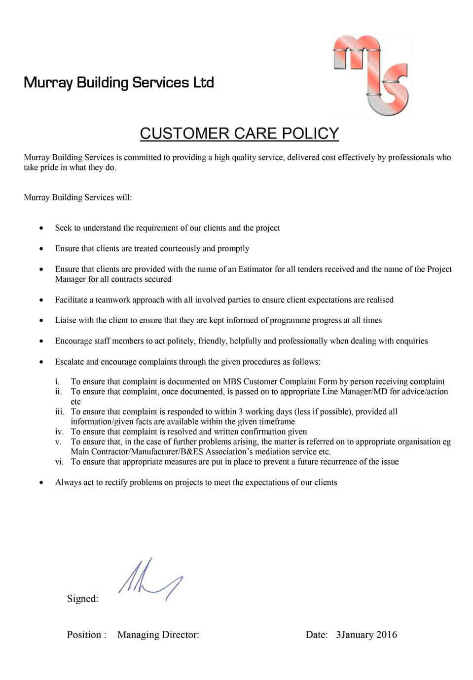 customer care policy