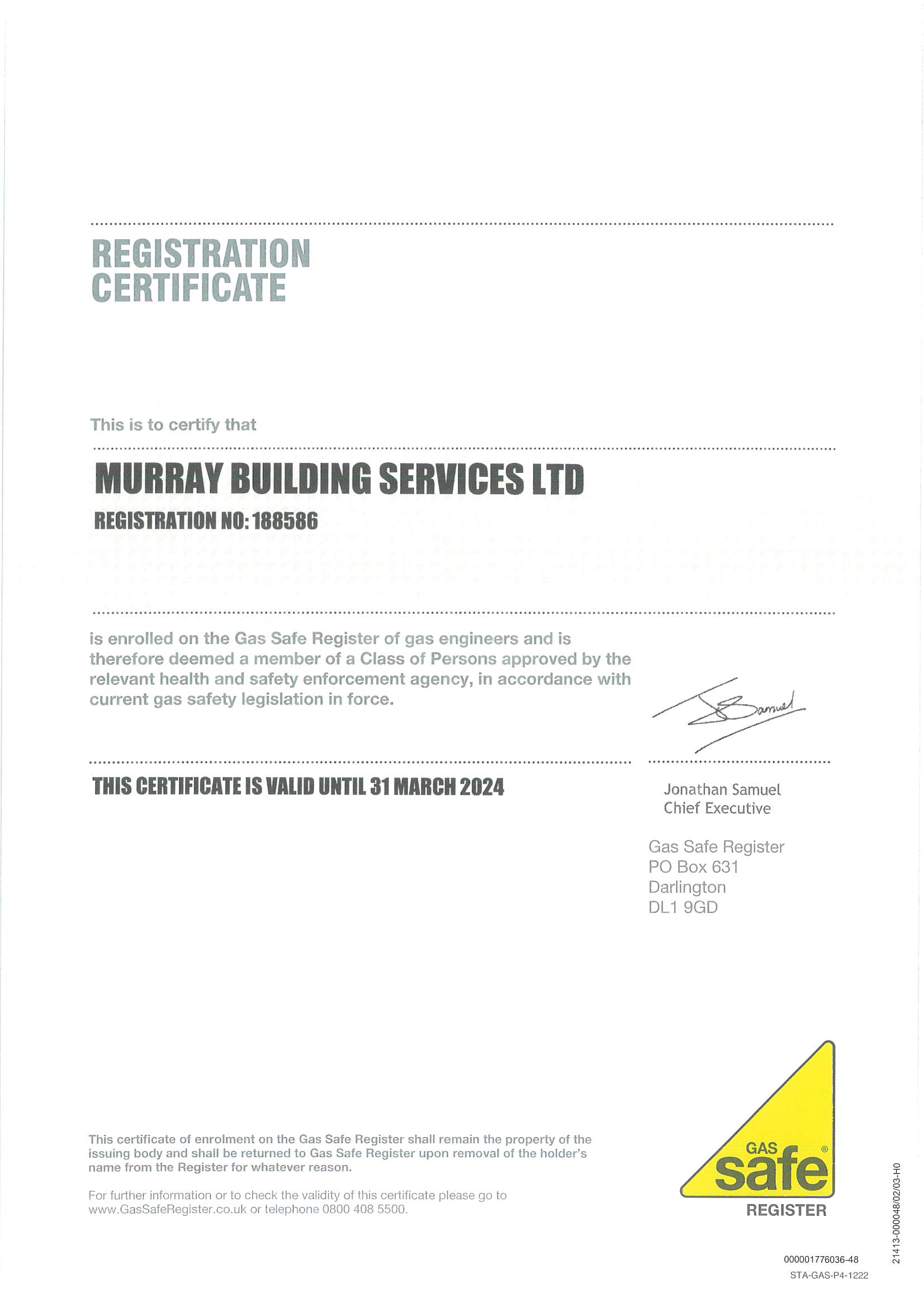 Gas safe Certificate for Murray Building Services