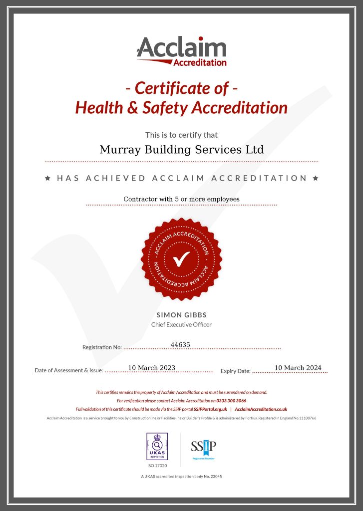 SSIP Certificate for Murray Building Services