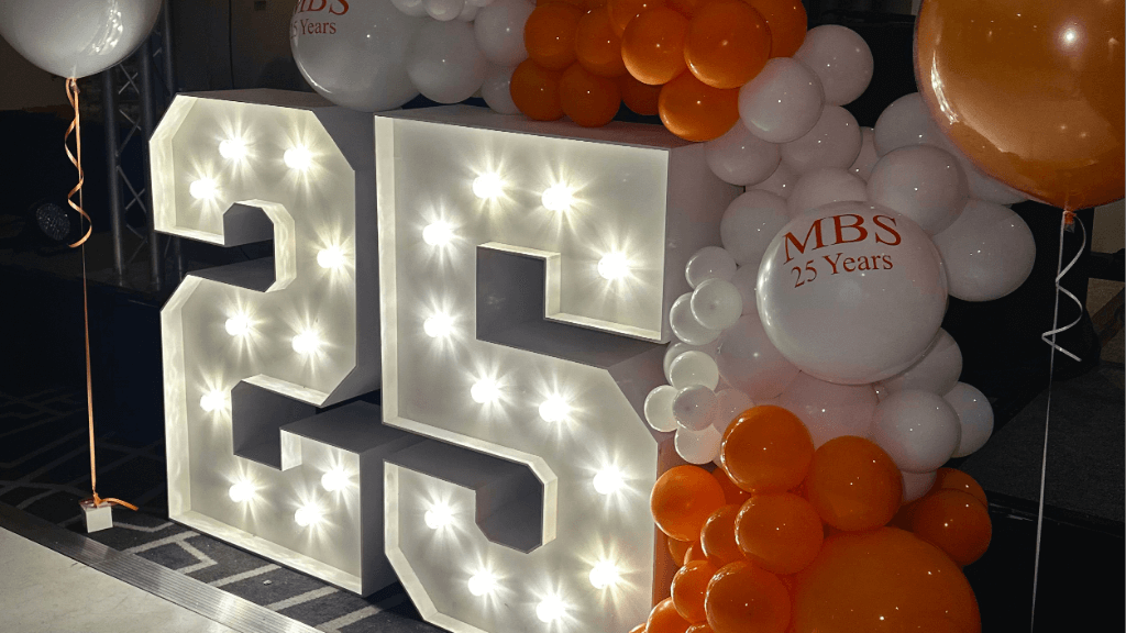 Murray Building Services 25 years celebration, lights and balloons.